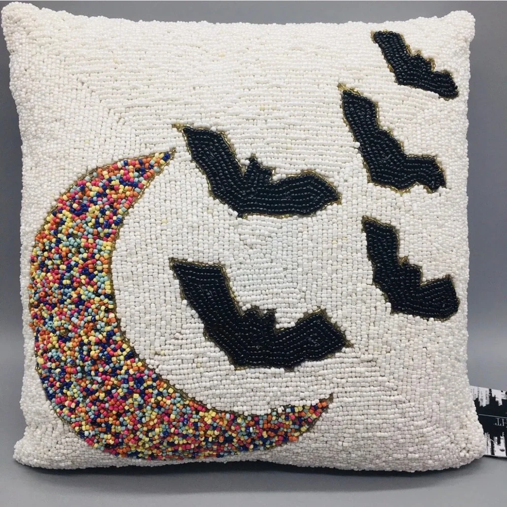 Noir Night Halloween Beaded Throw Pillow Black Bat Colorful Crescent Moo…